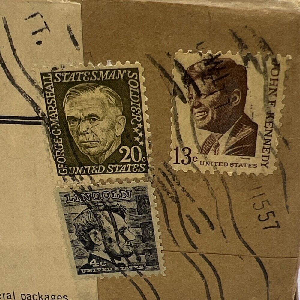 Vintage Box‎ With Lincoln 4 Cent Stamp, JFK 13 Cent Stamp, George Marshall Stamp